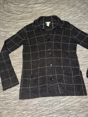 VTG Deane & White Lambswool Windowpane Plaid Button Cardigan Women M Gray Preppy